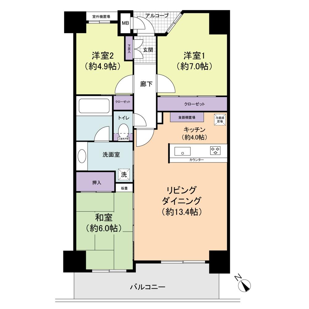 Floor plan. 3LDK, Price 27,800,000 yen, Occupied area 76.83 sq m , Balcony area 10.44 sq m kitchen is open counter kitchen. There is a cupboard in the back.
