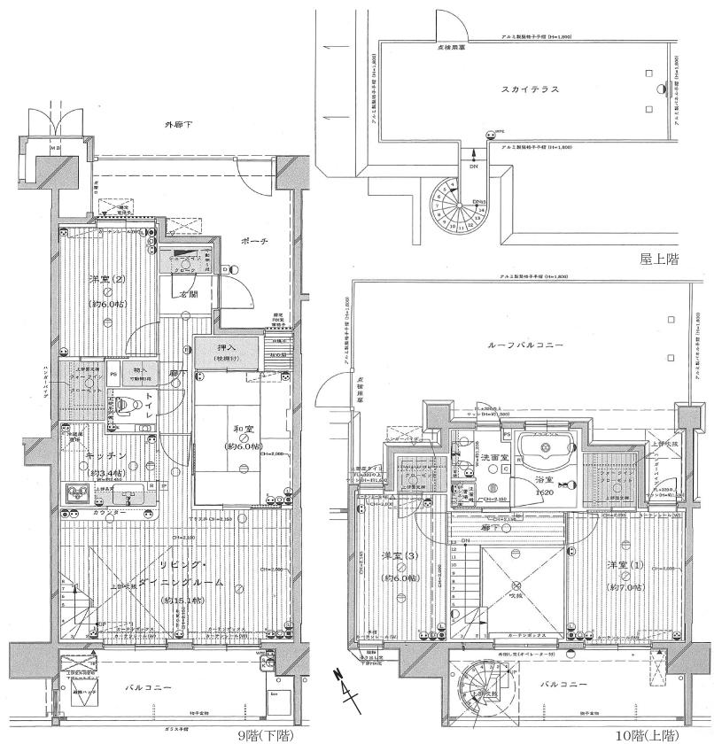 Floor plan. 4LDK, Price 44,800,000 yen, Footprint 100.08 sq m , Balcony area 25.2 sq m 9, 10th floor, Top-floor three-layer maisonette roof.