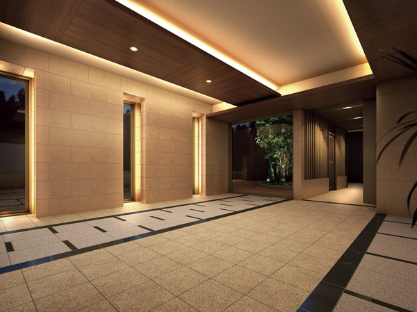 Shared facilities.  [Entrance Hall Rendering] Beautiful space decorated with gentle earth tones of the tile. If Yudanere himself to like the entrance hall, such as hotels, Forget the hustle and bustle of the city and often, It is guided to the heart calm space. ( ※ Which was raised drawn based on drawing, In fact a slightly different.  ※ Planting does not indicate the status of a particular season. Also, Tree species of planting ・ About the size has become a undetermined, It does not grow to about Rendering at the time of completion)