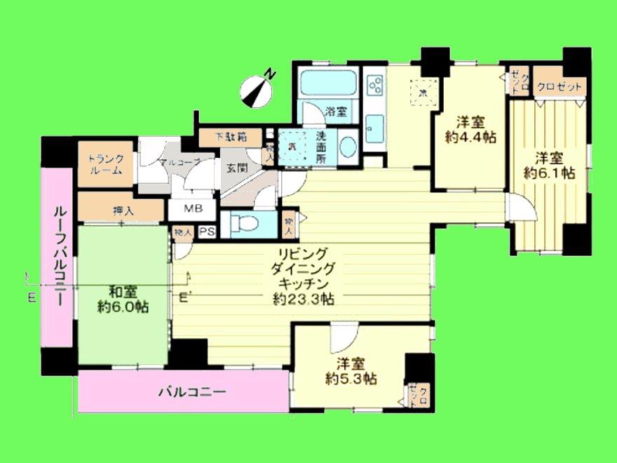 Floor plan. 4LDK, Price 39,800,000 yen, Occupied area 95.77 sq m , There is a balcony area 14.05 sq m in all directions in the window, There is a feeling of opening ☆