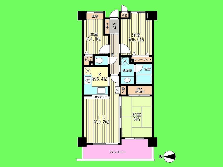 Floor plan. 3LDK, Price 23,900,000 yen, Occupied area 63.08 sq m , Balcony area 9.27 sq m