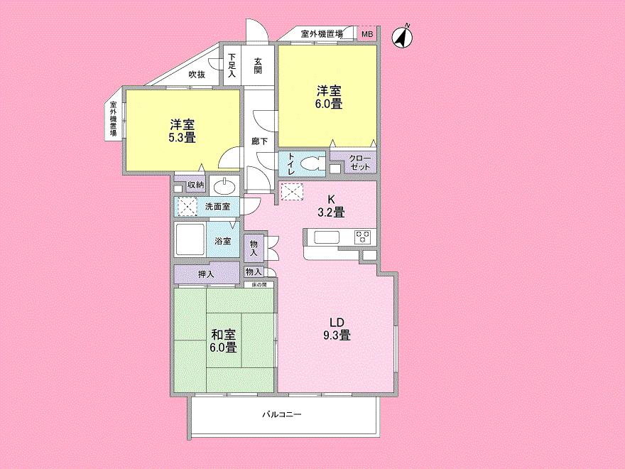 Floor plan. 3LDK, Price 16,900,000 yen, Occupied area 66.02 sq m , Balcony area 5.88 sq m
