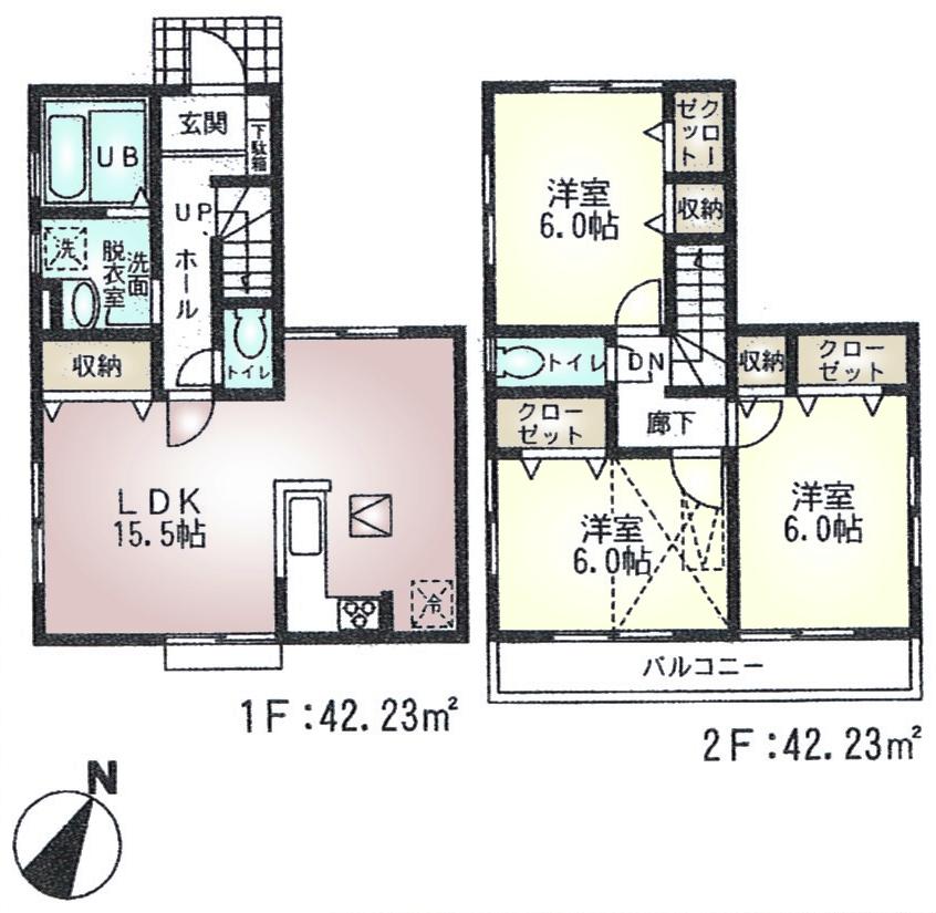 Floor plan. (Building 2), Price 35,500,000 yen, 3LDK, Land area 85 sq m , Building area 84.46 sq m
