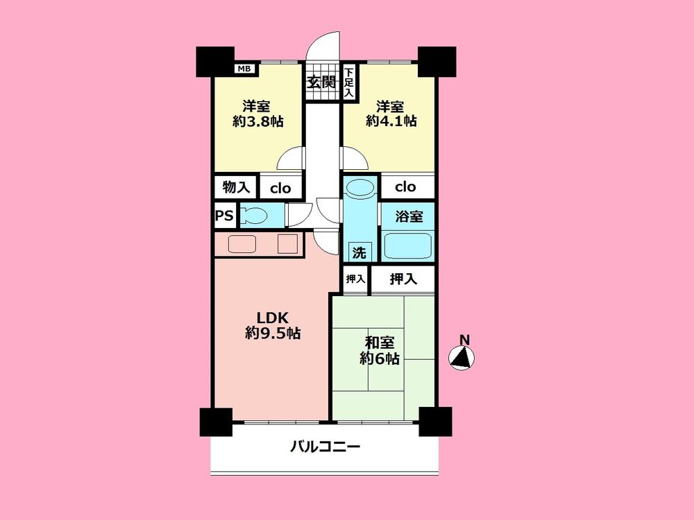 Floor plan. 3LDK, Price 18.9 million yen, Occupied area 55.86 sq m , Balcony area 7.41 sq m