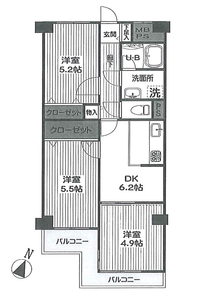 Floor plan. 3DK, Price 9.8 million yen, Occupied area 51.38 sq m , Balcony area 2.31 sq m