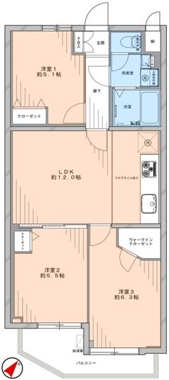 Floor plan. 3LDK, Price 17.8 million yen, Occupied area 61.72 sq m , Balcony area 5.84 sq m