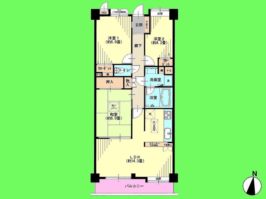Floor plan. 3LDK, Price 21.9 million yen, Occupied area 69.31 sq m , Balcony area 6.36 sq m