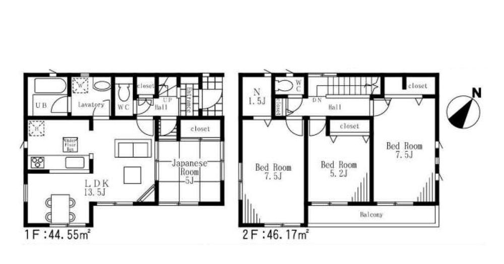 Floor plan. (Building 2), Price 33,800,000 yen, 4LDK, Land area 102.08 sq m , Building area 90.72 sq m