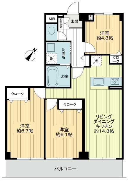 Floor plan. 3LDK, Price 24,800,000 yen, Footprint 67.5 sq m , Balcony area 20.25 sq m