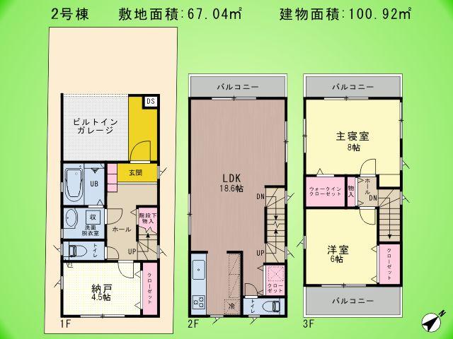 Floor plan. (Building 2), Price 29,800,000 yen, 2LDK+S, Land area 67.04 sq m , Building area 100.92 sq m
