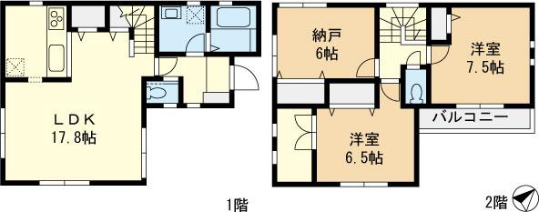 Floor plan. 34 million yen, 2LDK + S (storeroom), Land area 85.04 sq m , Building area 88.19 sq m