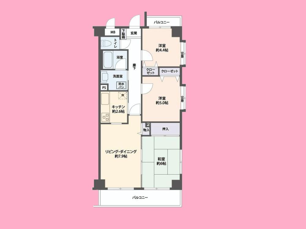 Floor plan. 3LDK, Price 21,800,000 yen, Occupied area 59.95 sq m , Balcony area 8.4 sq m