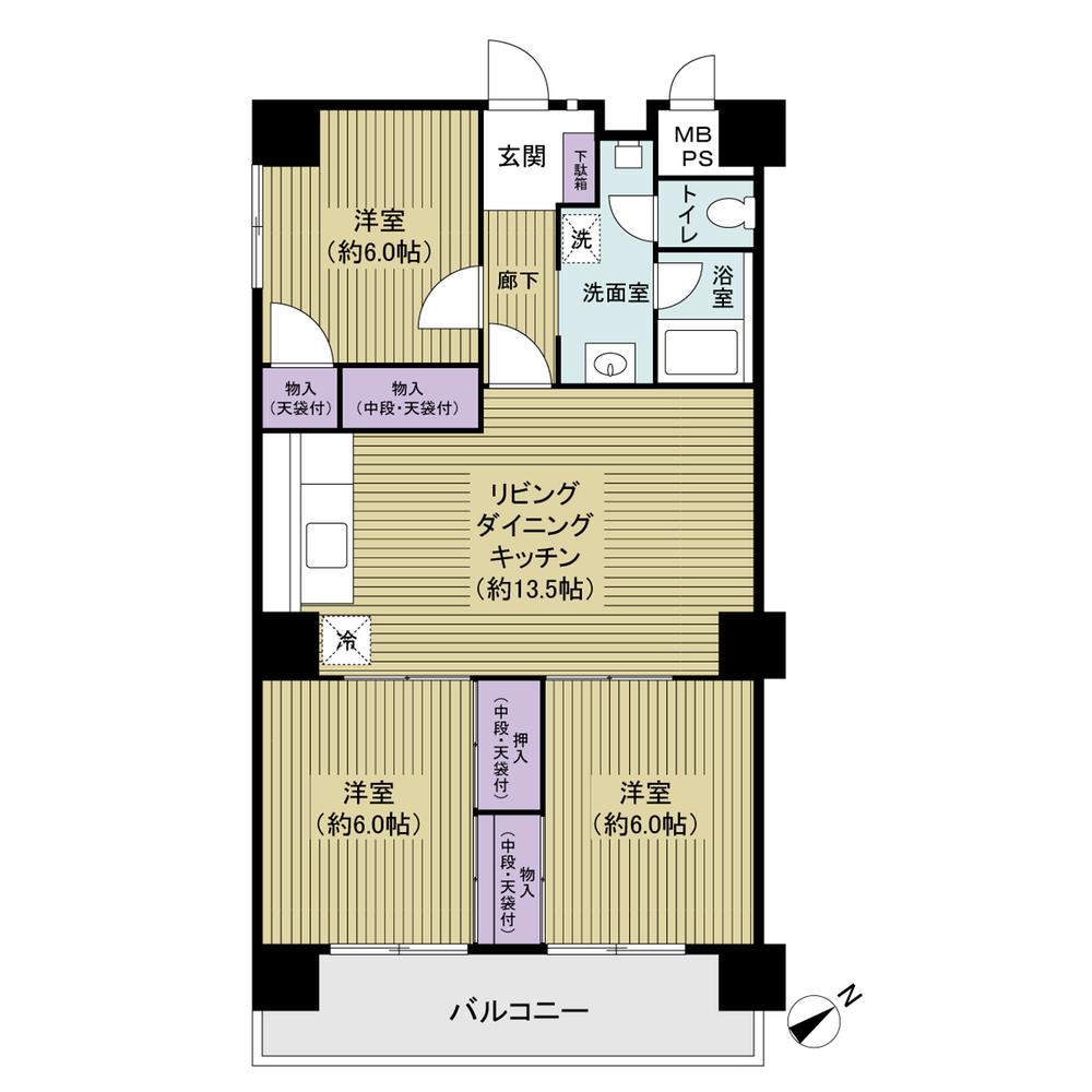 Floor plan. 3LDK, Price 12.8 million yen, Occupied area 70.28 sq m , Balcony area 9.75 sq m square room ・ All room 6 tatami