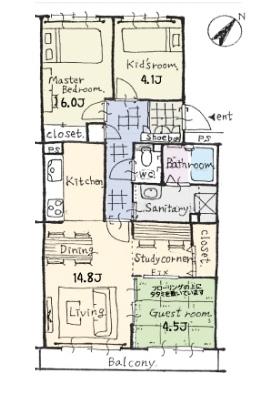 Floor plan. 3LDK, Price 16.8 million yen, Occupied area 64.51 sq m , Balcony area 5.75 sq m