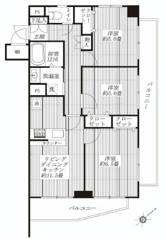 Floor plan. 3LDK, Price 25,800,000 yen, Occupied area 60.68 sq m , Balcony area 16.47 sq m