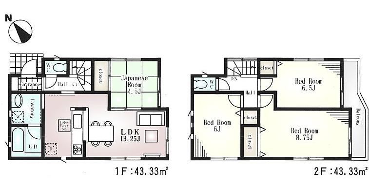 Floor plan. (Building 2), Price 33,800,000 yen, 4LDK, Land area 83.87 sq m , Building area 86.66 sq m