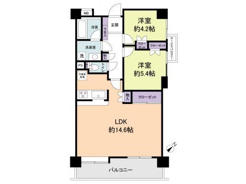 Floor plan. 2LDK, Price 16.8 million yen, Occupied area 59.74 sq m , Balcony area 9 sq m