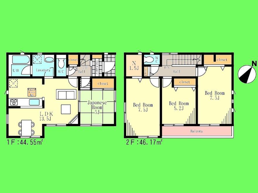 Floor plan. (Building 2), Price 33,800,000 yen, 4LDK, Land area 102.08 sq m , Building area 90.72 sq m