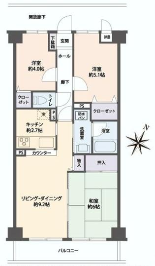 Floor plan. 3LDK, Price 19,980,000 yen, Occupied area 59.95 sq m , Balcony area 6.6 sq m