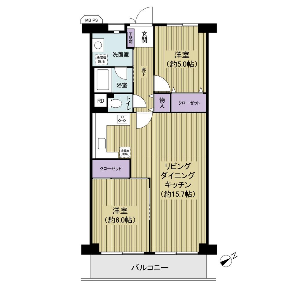 Floor plan. 2LDK, Price 14.5 million yen, Footprint 61.6 sq m , Balcony area 7.84 sq m all living room flooring