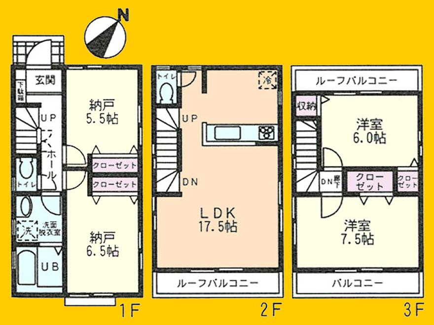 Floor plan. (3 Building), Price 29,800,000 yen, 2LDK+2S, Land area 84.59 sq m , Building area 99.36 sq m