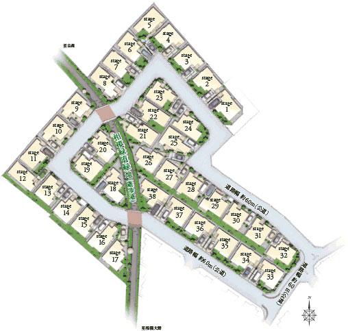 The entire compartment Figure. Wide streets SaiHikarisei of course, Consideration to safety. Green road through the town District, Connection with the planting of each compartment, Portray the rich green scenery in the entire city block. (Compartment Rendering)