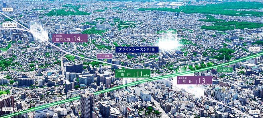 aerial photograph. 3 Station 3 routes available. JR "Machida" station walk 11 minutes, Odakyu line "Sagami" station walk 14 minutes and two big terminals living area. Local peripheral aerial photographs ( ※ Which was subjected to a CG processing in 2013 May captured aerial photographs, In fact the different. )