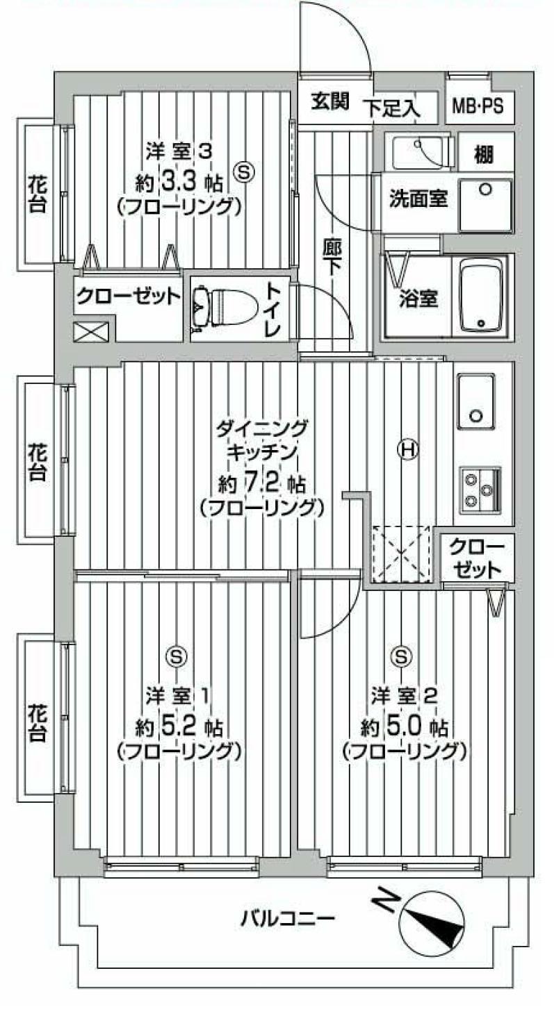 Floor plan. 3DK, Price 11.3 million yen, Occupied area 45.06 sq m , Balcony area 5.9 sq m