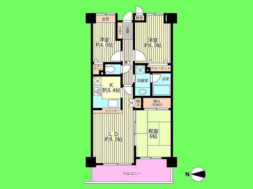 Floor plan. 3LDK, Price 24,900,000 yen, Occupied area 63.08 sq m , Balcony area 9.27 sq m