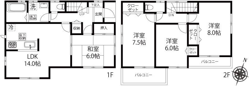 Floor plan. (1 Building), Price 35,800,000 yen, 4LDK, Land area 125.92 sq m , Building area 97.71 sq m