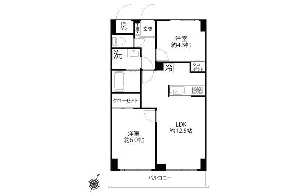 Floor plan. 2LDK, Price 14.9 million yen, Occupied area 49.76 sq m , Balcony area 5.7 sq m Floor