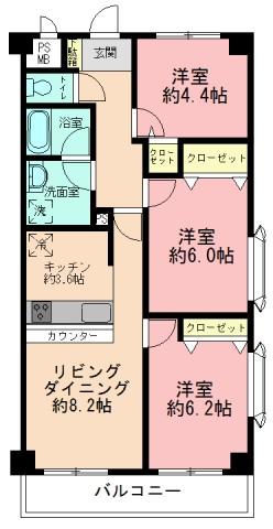 Floor plan. 3LDK, Price 16.8 million yen, Footprint 63.8 sq m , Balcony area 6.38 sq m