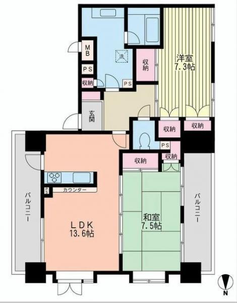 Floor plan. 2LDK, Price 17.8 million yen, Footprint 73.9 sq m , Balcony area 16.52 sq m