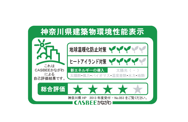 Building structure.  [Kanagawa Prefecture building environmental performance display] Based on the efforts of building global warming plan that building owners to submit in Kanagawa Prefecture, It is evaluated in five steps for the two priority issues (young leaves mark) and overall rating (star mark).  ※ For more information see "Housing term large Dictionary"