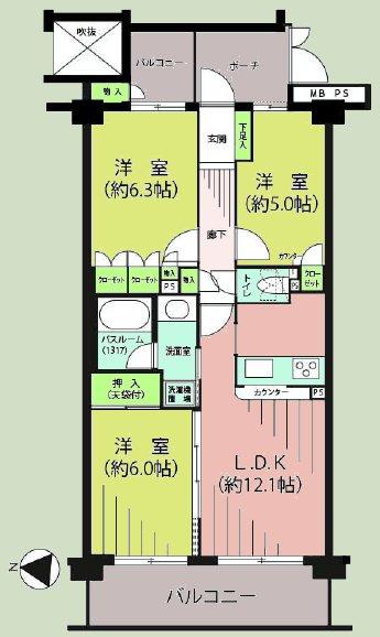 Floor plan. 3LDK, Price 20,900,000 yen, Occupied area 63.78 sq m , Balcony area 12.45 sq m