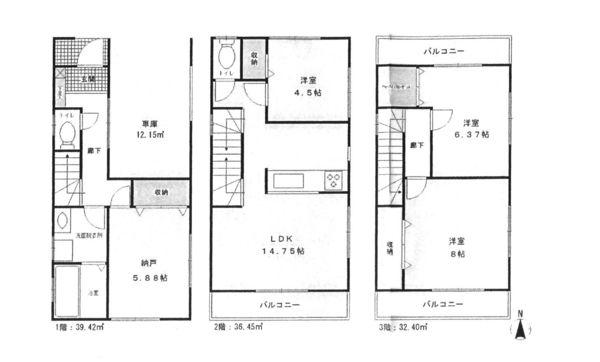 Floor plan. (Building 2), Price 32,800,000 yen, 3LDK+S, Land area 67.54 sq m , Building area 108.27 sq m