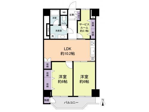 Floor plan. 2LDK + S (storeroom), Price 15.8 million yen, Occupied area 66.15 sq m , Balcony area is 7.3 sq m south-facing bright rooms. Service room you can use the multi-purpose.