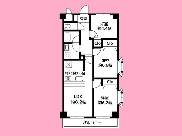 Floor plan. 3LDK, Price 16.8 million yen, Footprint 63.8 sq m , Balcony area 6.38 sq m