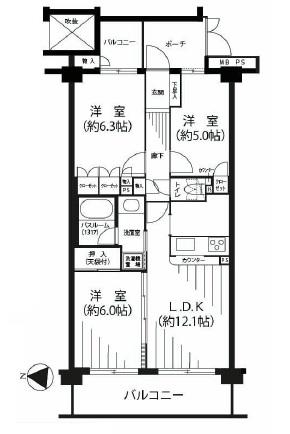 Floor plan. 3LDK, Price 20,900,000 yen, Occupied area 63.78 sq m , Balcony area 12.45 sq m
