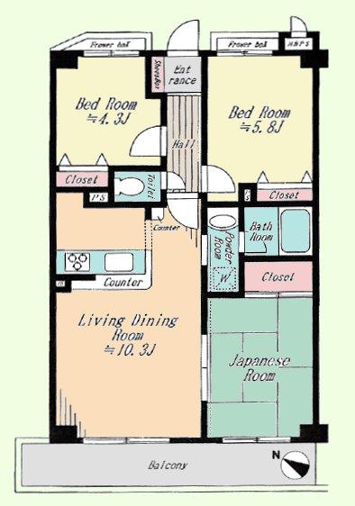 Floor plan. 3LDK, Price 15,990,000 yen, Occupied area 60.48 sq m , Balcony area 8.64 sq m