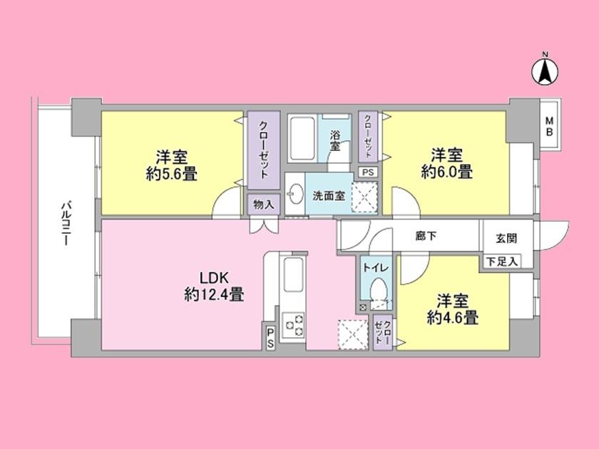 Floor plan. 3LDK, Price 24,900,000 yen, Occupied area 61.95 sq m , Balcony area 8.4 sq m