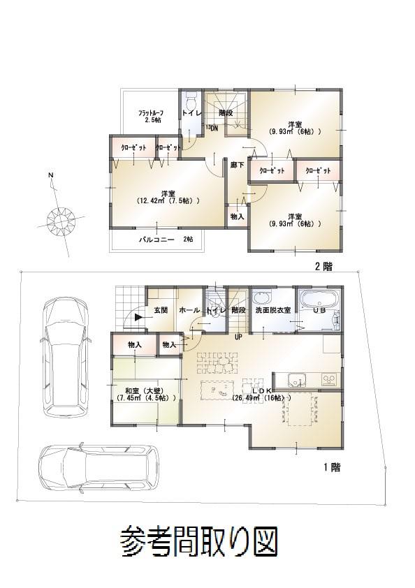 Building plan example (floor plan). Total floor area of ​​98.53 sq m (29.75 square meters) Building basic amount of 14.6 million yen
