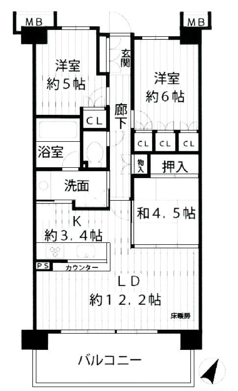 Floor plan. 3LDK, Price 25,800,000 yen, Occupied area 70.12 sq m , Balcony area 12.4 sq m