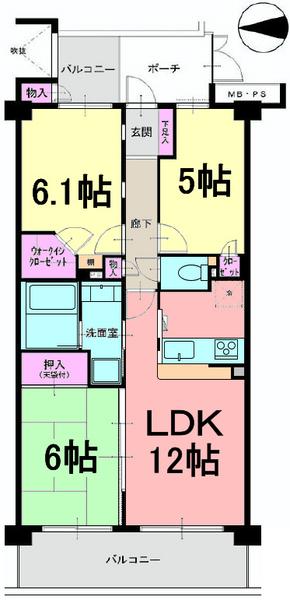 Floor plan. 3LDK, Price 25,900,000 yen, Occupied area 63.78 sq m , Balcony area 12.46 sq m