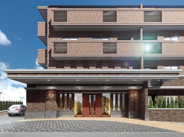 Entrance Rendering. Design of the brown earth color stacked as strata "Layered Brown style" eye-catching