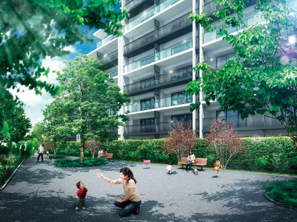 Features of the building.  [With Park to be wrapped in a child's laughter (provided Park)] To the west of the site, Children play with Park (offer park) is. So it is set up a bench that can play equipment and the rest, You can use as a space of rest. (Rendering)