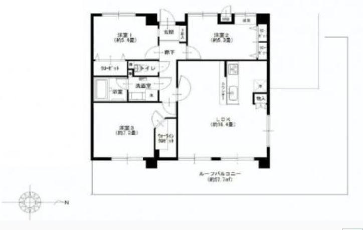 Floor plan. 3LDK, Price 27,900,000 yen, Occupied area 74.41 sq m , Balcony area 57.7 sq m
