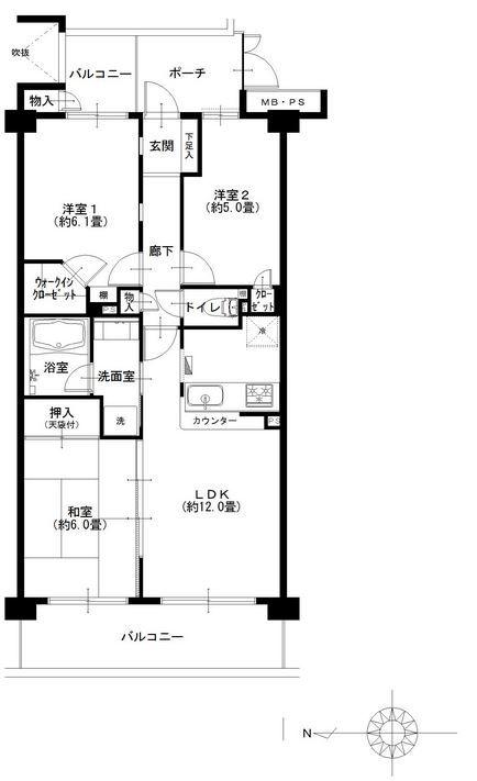 Floor plan. 3LDK, Price 25,900,000 yen, Occupied area 63.78 sq m , Balcony area 12.45 sq m floor plan
