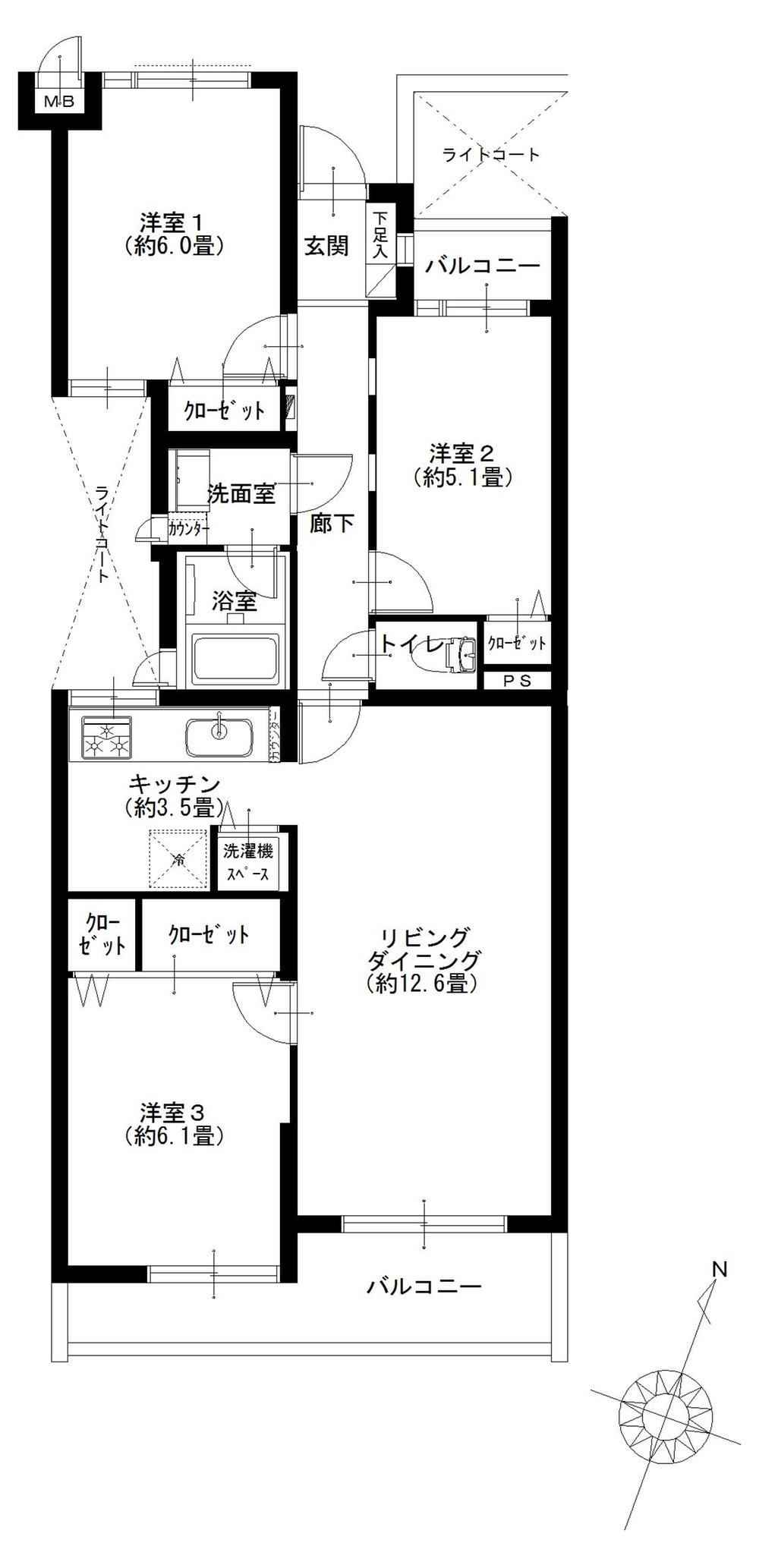 Floor plan. 3LDK, Price 27,900,000 yen, Occupied area 72.59 sq m , Balcony area 9.09 sq m