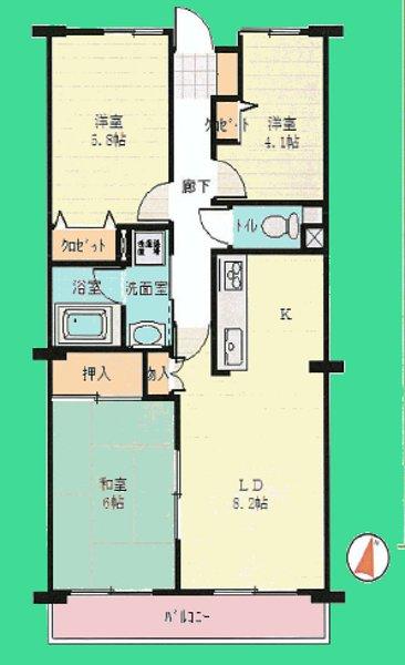 Floor plan. 3LDK, Price 15.8 million yen, Occupied area 60.96 sq m , Balcony area 6.9 sq m